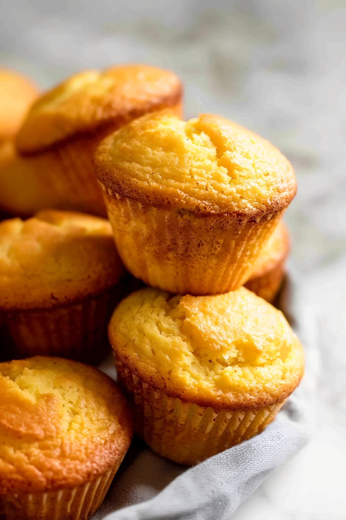 Sweet and moist homemade cornbread muffins stacked