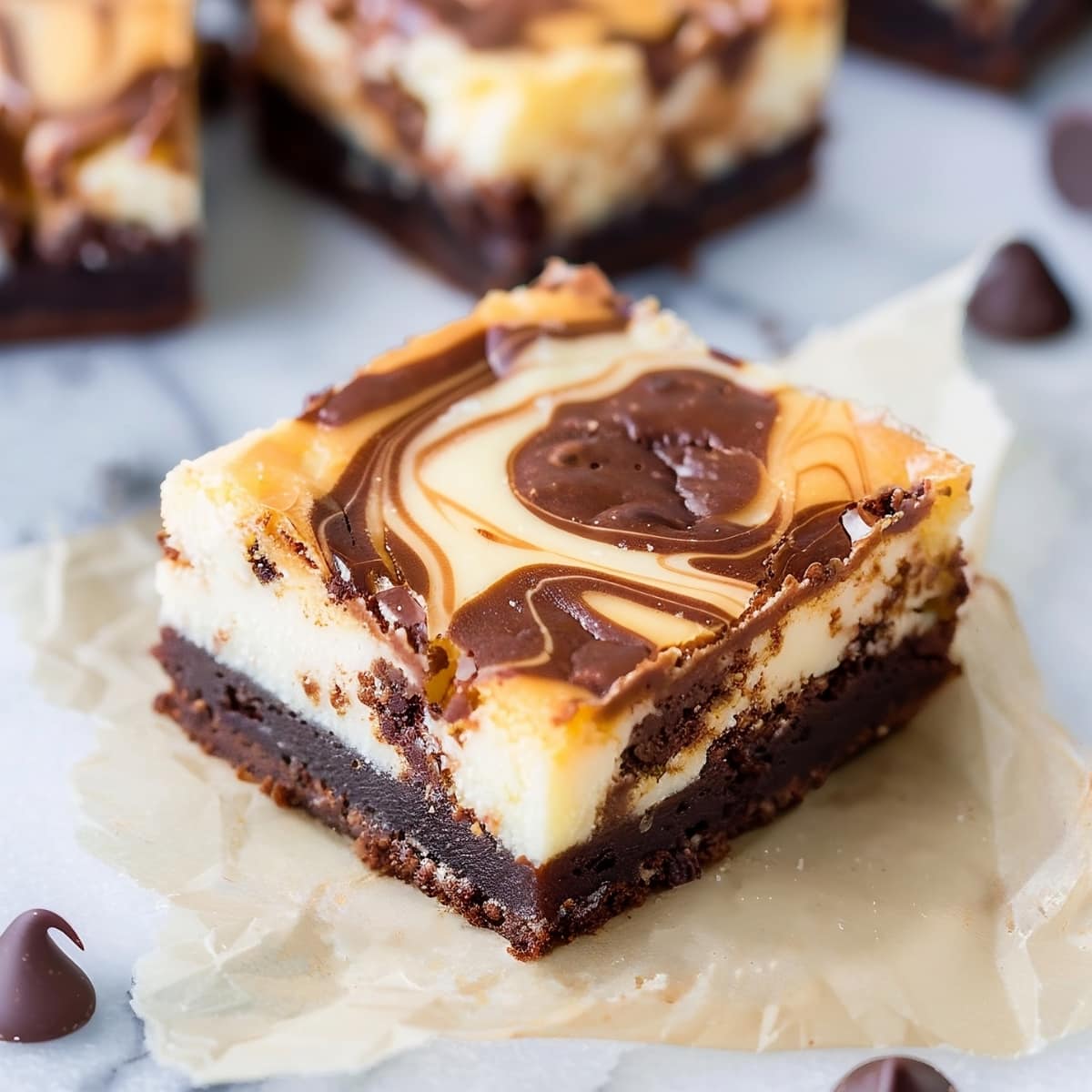 Sweet and fudgy homemade cream cheese brownie in a parchment paper