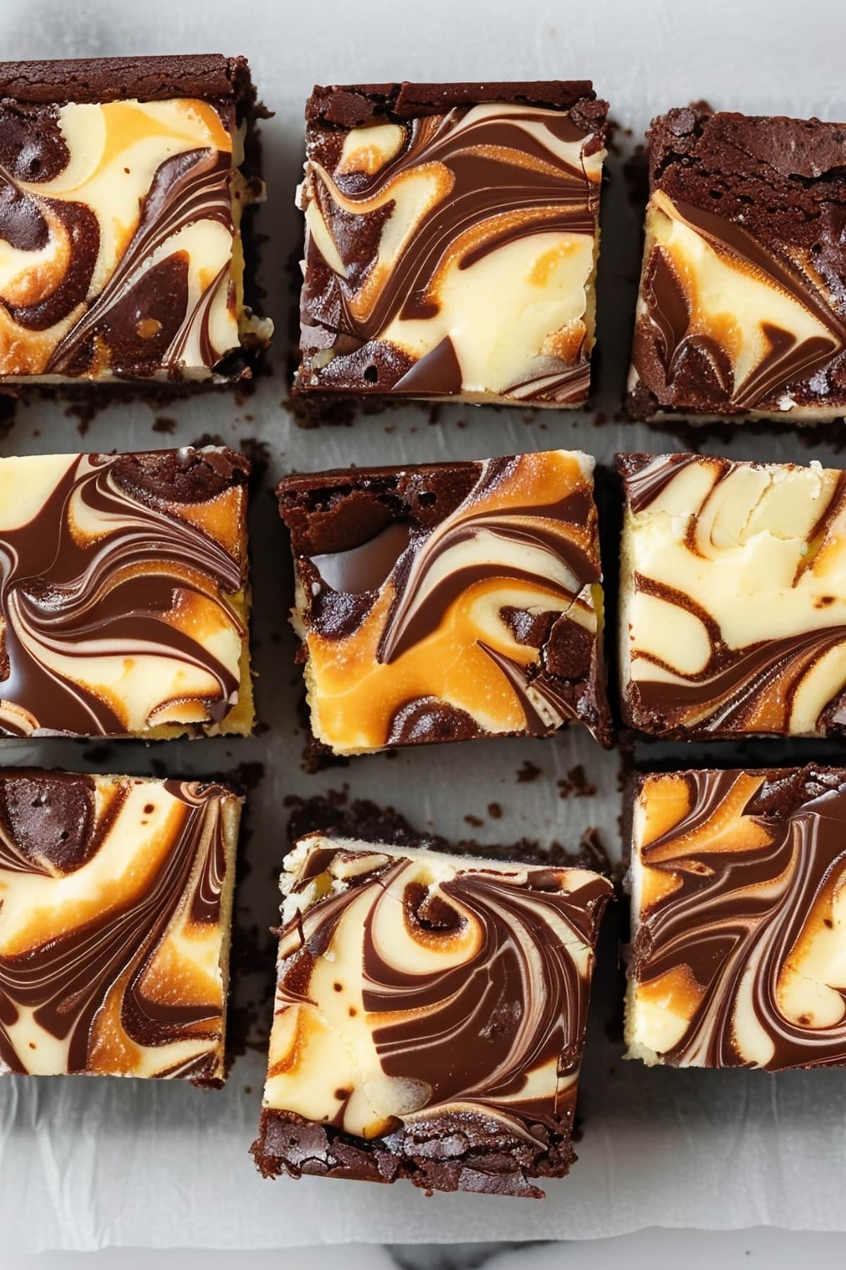 Several squares of cream cheese brownies with chocolate swirls