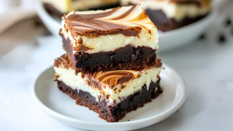 Sweet and fudgy homemade cream cheese brownies topped with chocolate swirls
