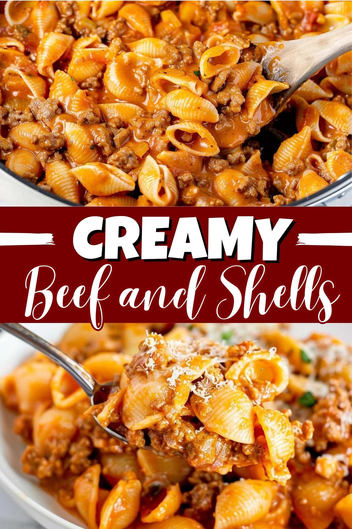 Creamy beef and shells.
