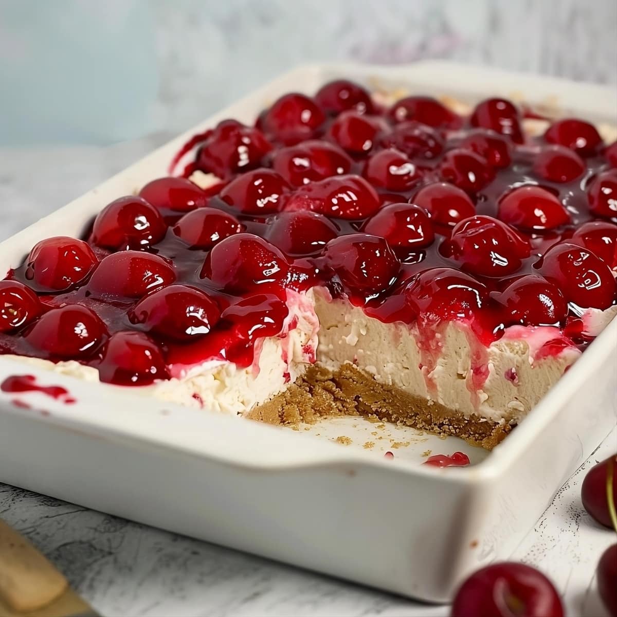 Cherry delight in a 8x8 inch baking pan.
