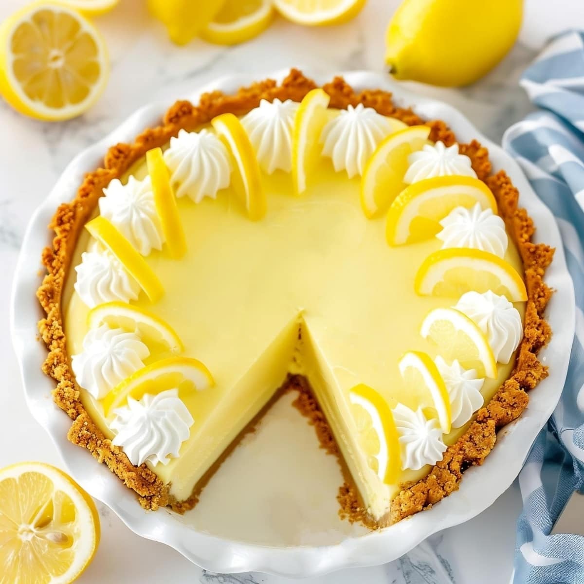 Lemon icebox pie with graham crust, topped with whipped cream and slices of lemons