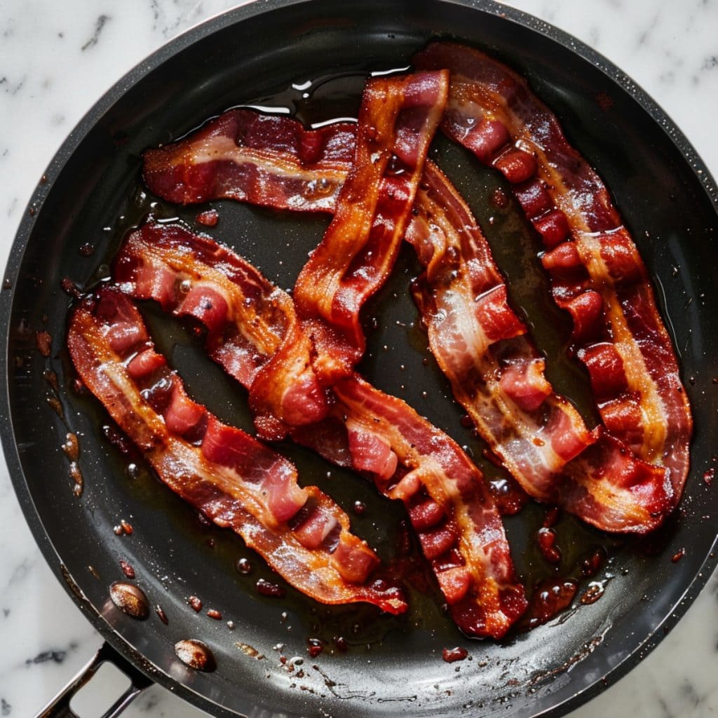Homemade crispy bacon in a pan on a white marble table