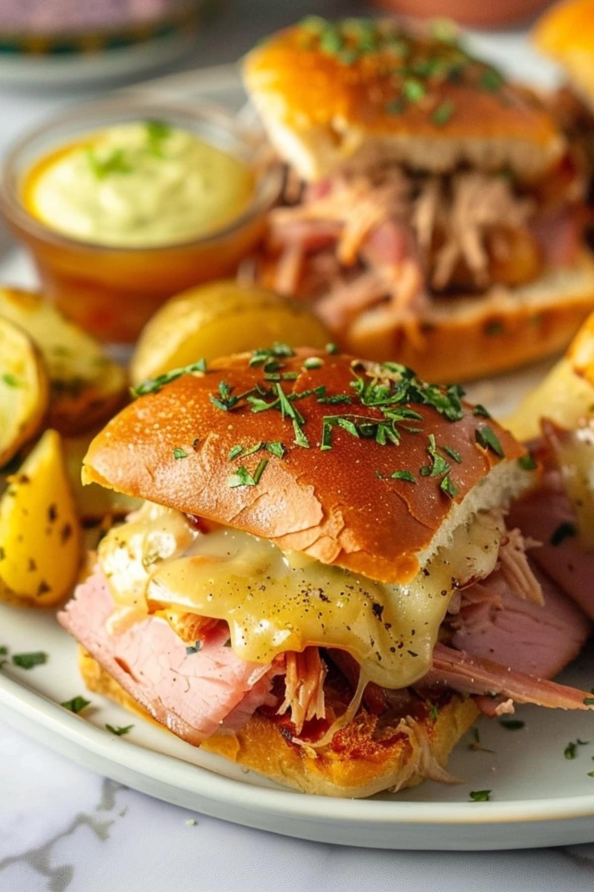 Pulled pork sliders with potatoes and dipping sauce on the side.