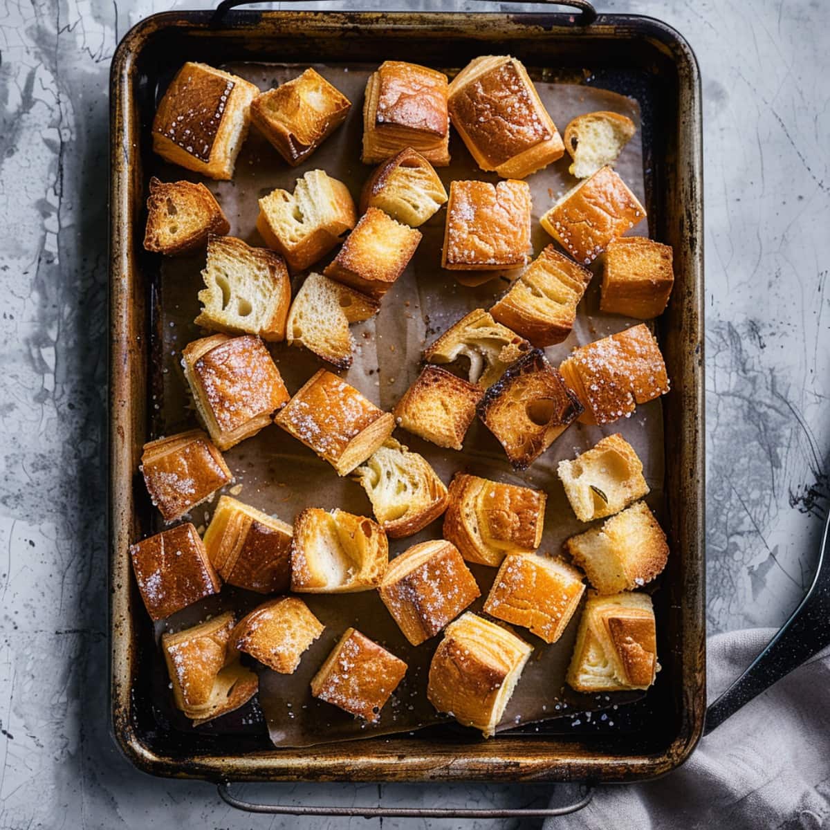Cubed croissants on a baking tray