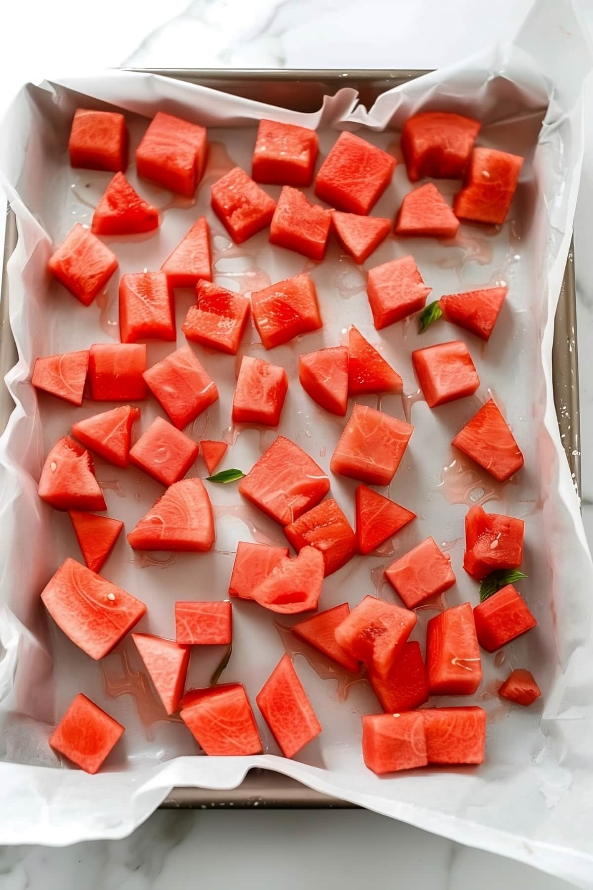 Cubed watermelon in a parchment-lined baking tray