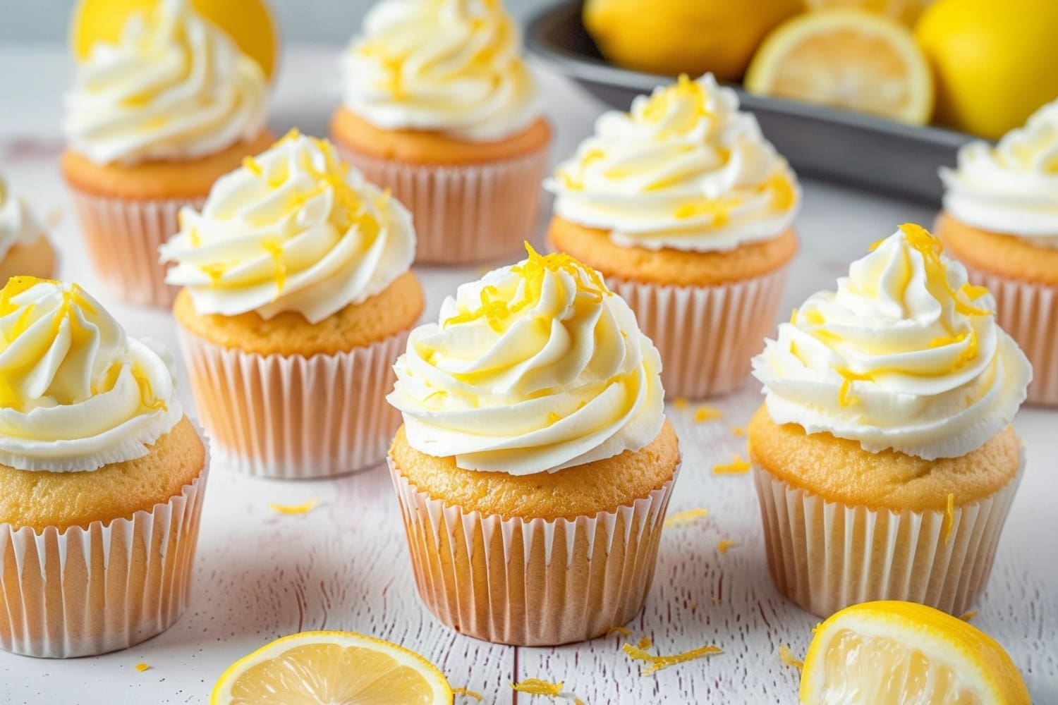 Cupcakes topped with lemon whipped cream.
