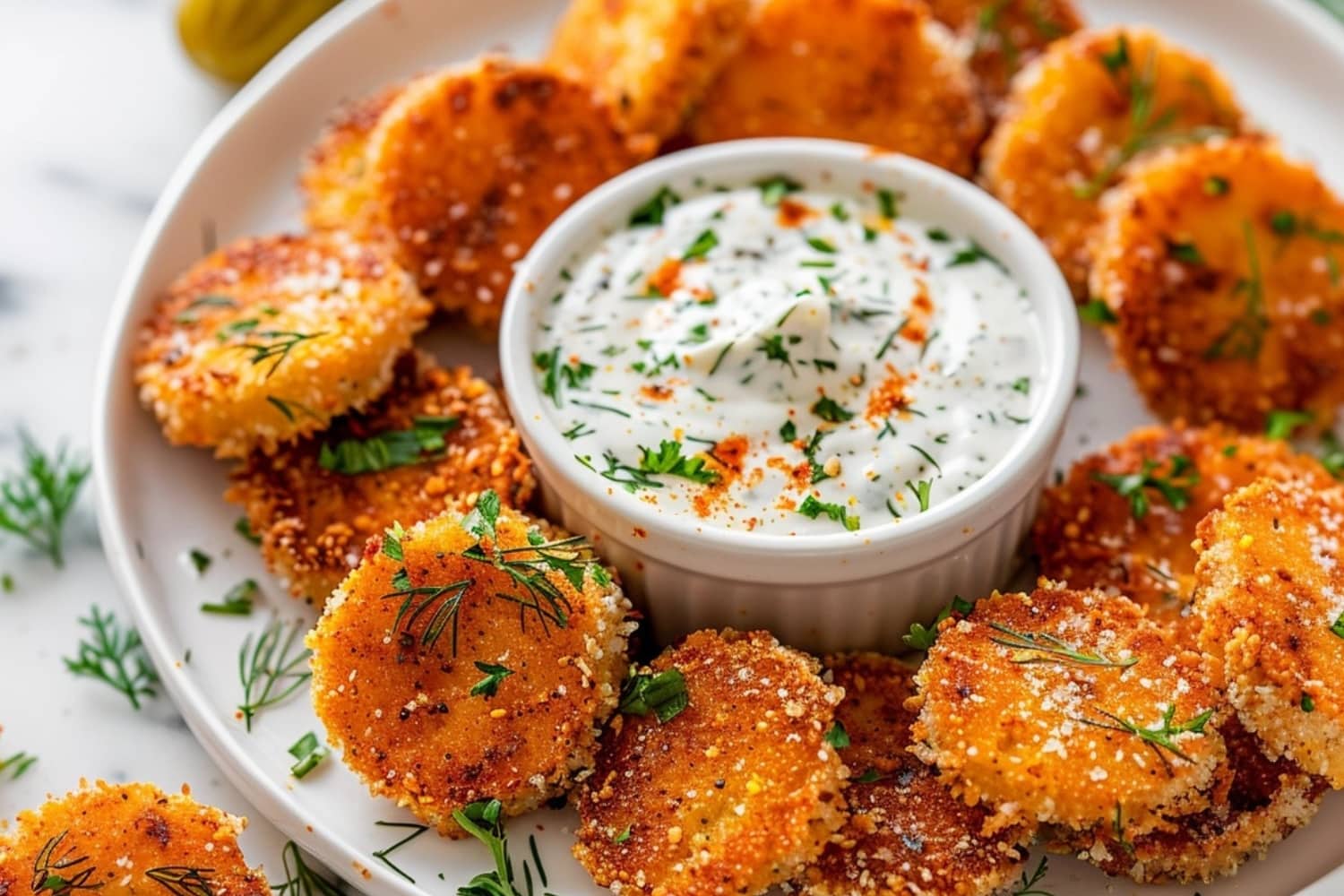 Air fried dill pickles in a white plate served with dip on a ramekin bowl.