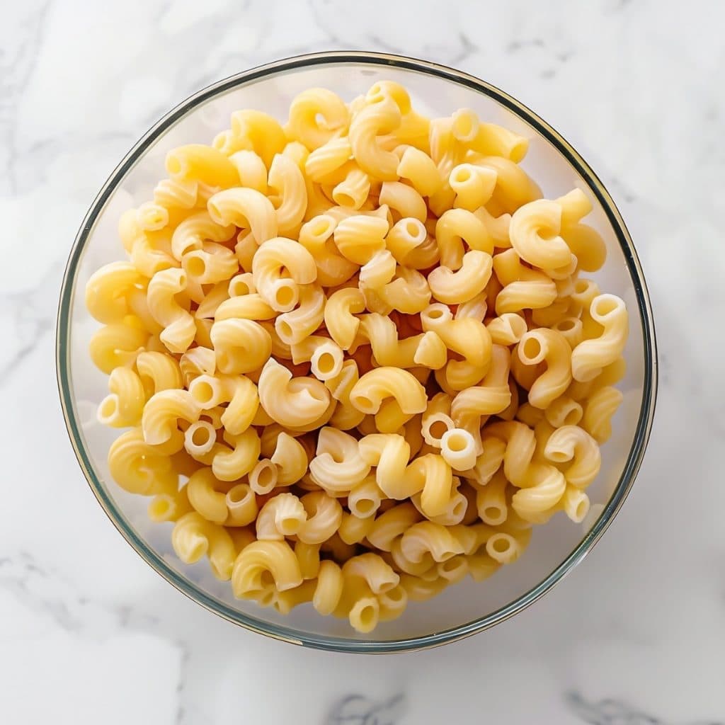 Overhead view of a glass bowl of elbow macaroni pasta