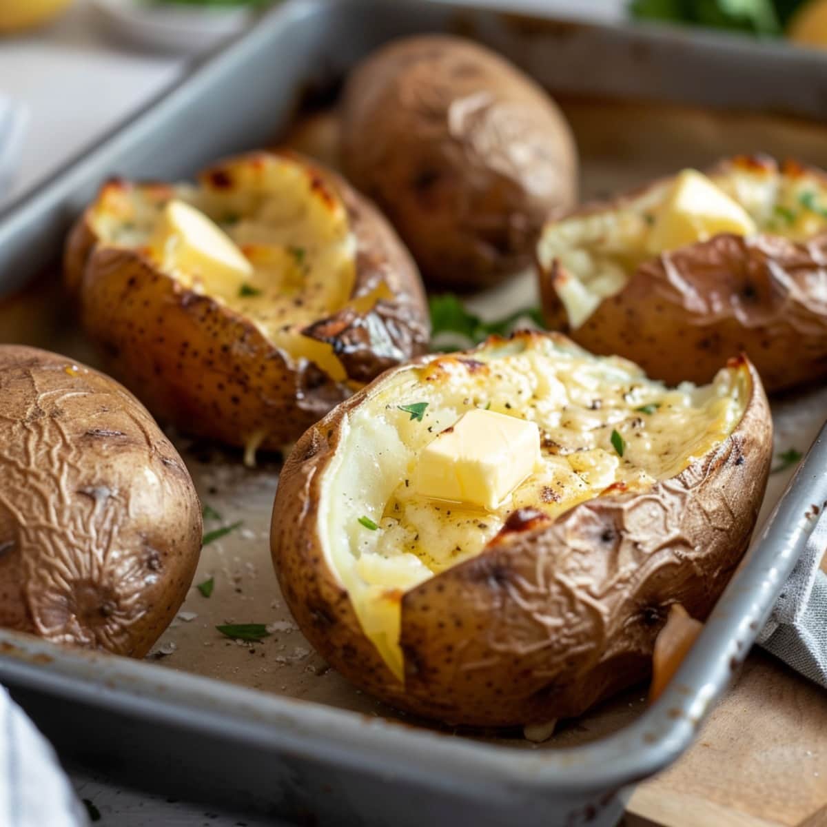 English Jacket Potatoes on a tray with butter