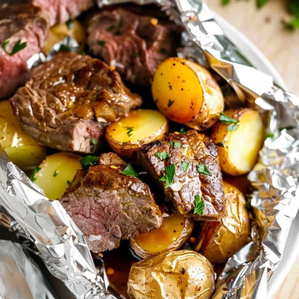 Grilled steak and baby potatoes inside foil packet in a wooden board.