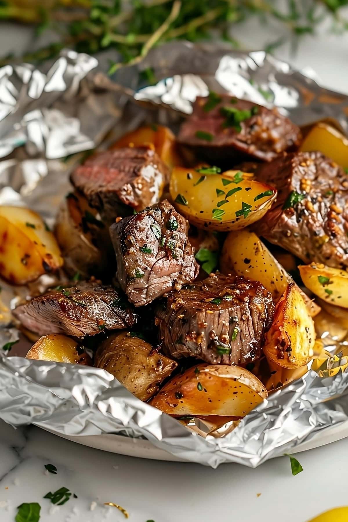 Grilled steak and potatoes with thyme in aluminum foil.