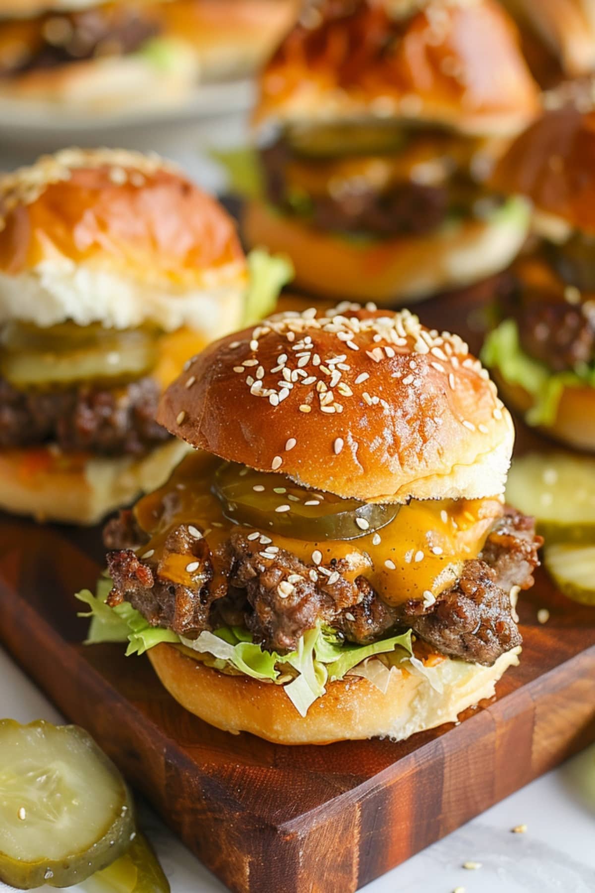 Juicy and meaty homemade big mac sliders on a wooden board