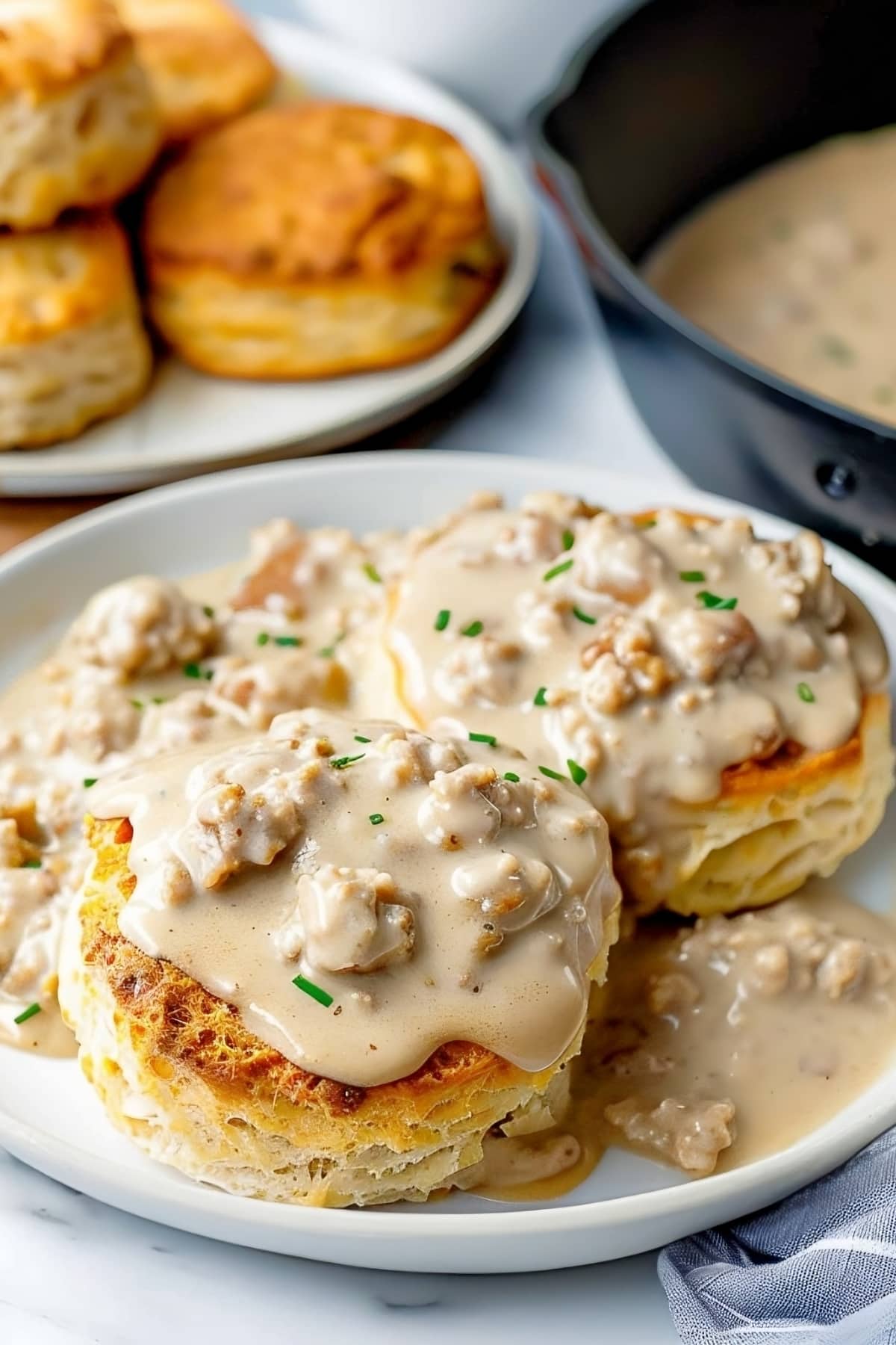 Delicious homemade biscuits and gravy in a white plate