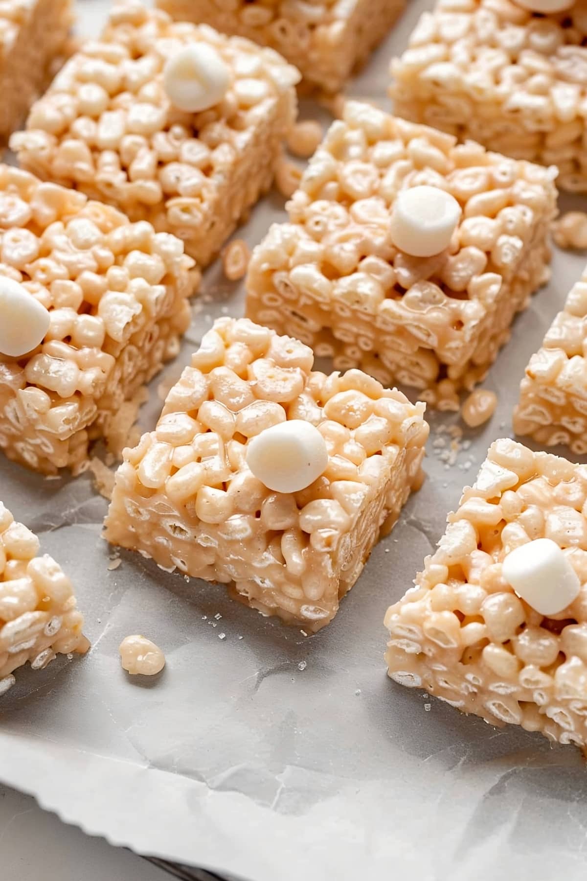 Easy homemade brown butter rice krispie treats in a white parchment paper