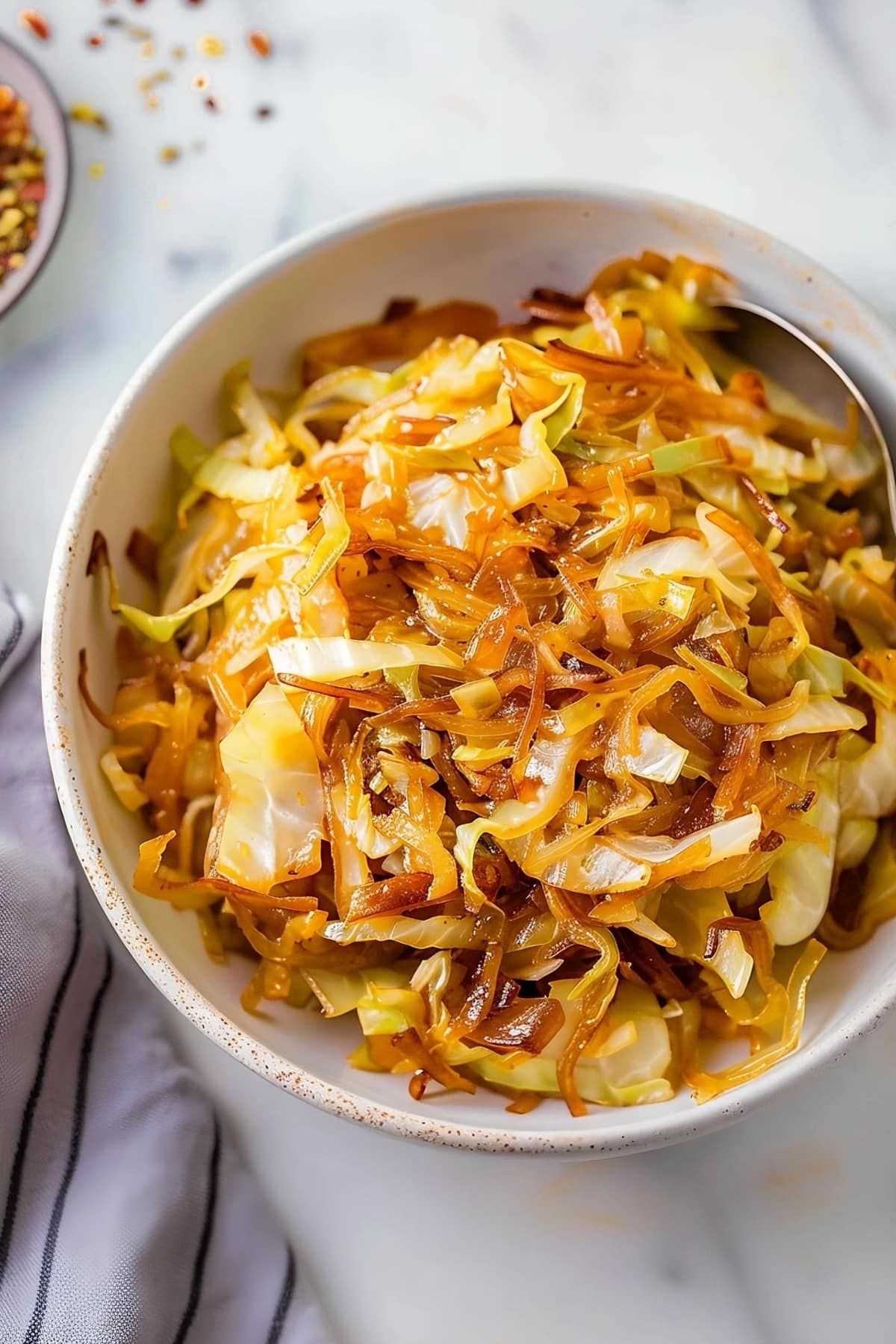 Rich and flavorful caramelized cabbaged in a bowl
