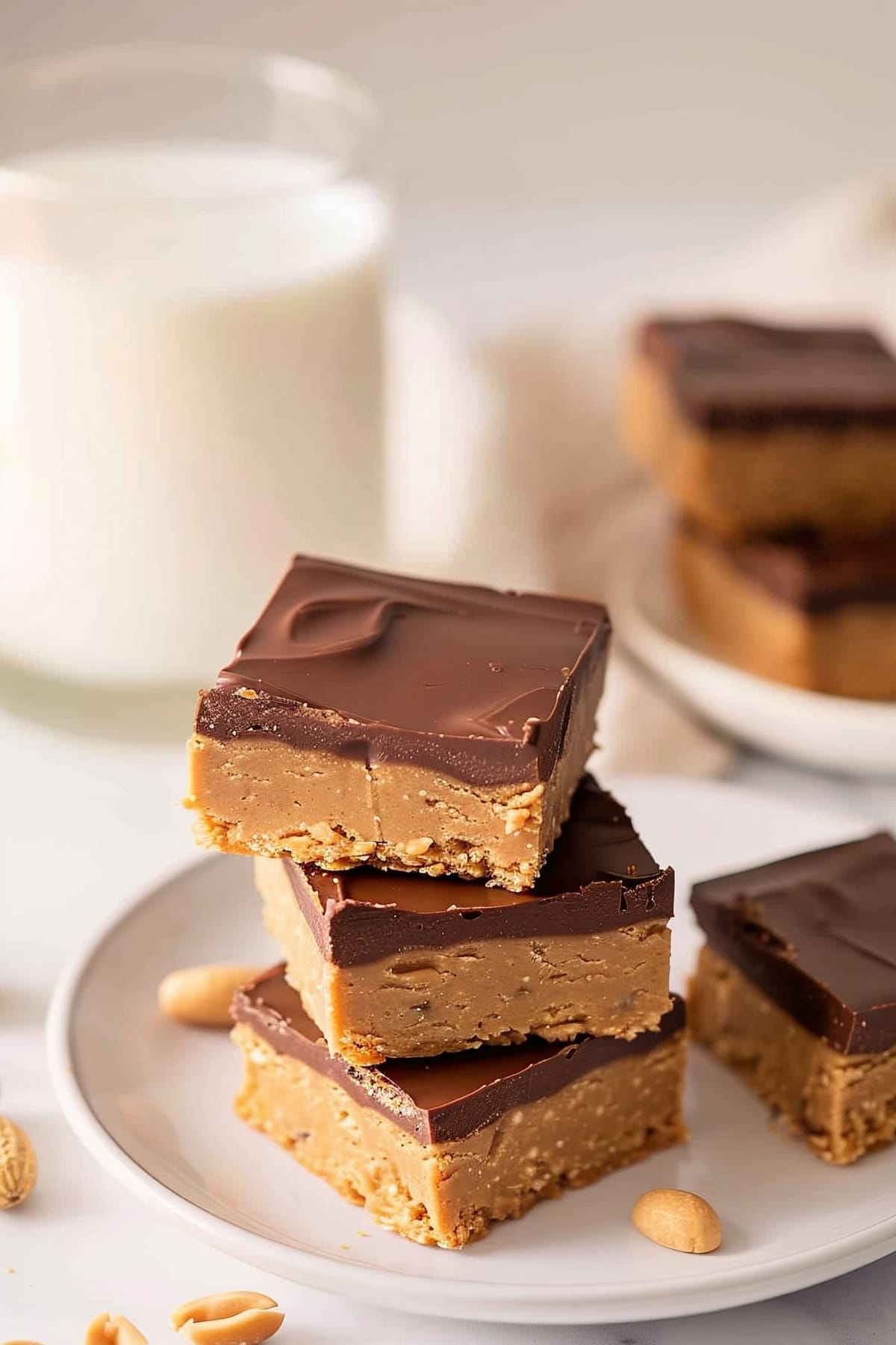 Homemade peanut butter bars with a glass of milk