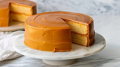 A classic round yellow southern caramel cake with glossy frosting, placed on an elegant white marble stand against a clean backdrop