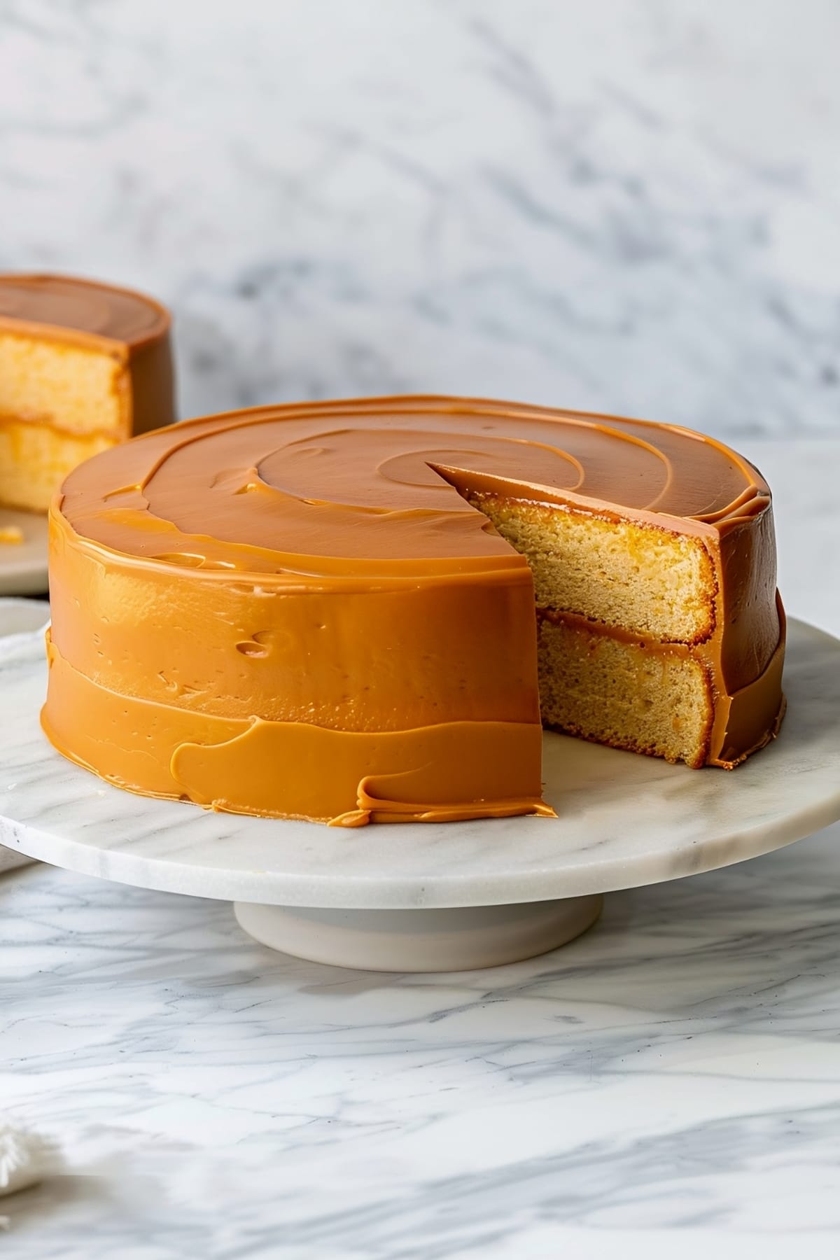Sweet and buttery homemade southern caramel cake with a portion taken to reveal its filling