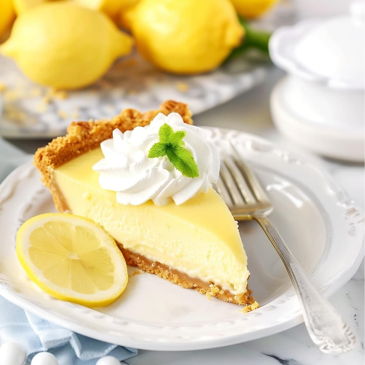 Creamy lemon icebox pie with whipped cream and mint