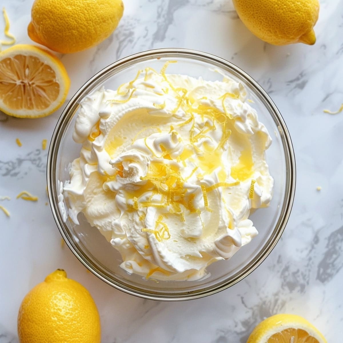 Whipped cream with lemon curd and zest in a glass bowl.