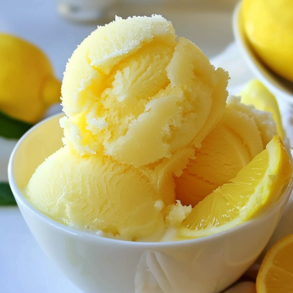 Scoops of lemon sorbet in a white bowl garnished with lemon wedge.