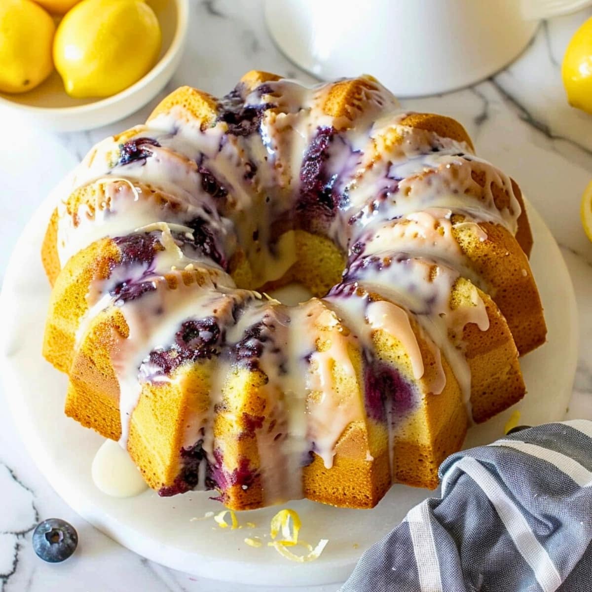 Lemon blueberry pound cake in cake tray. 