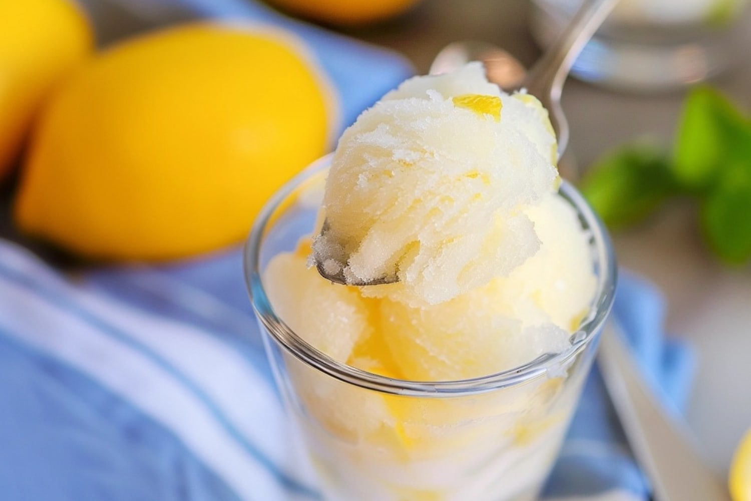 Spoon scooping lemon sorbet served on a glass.