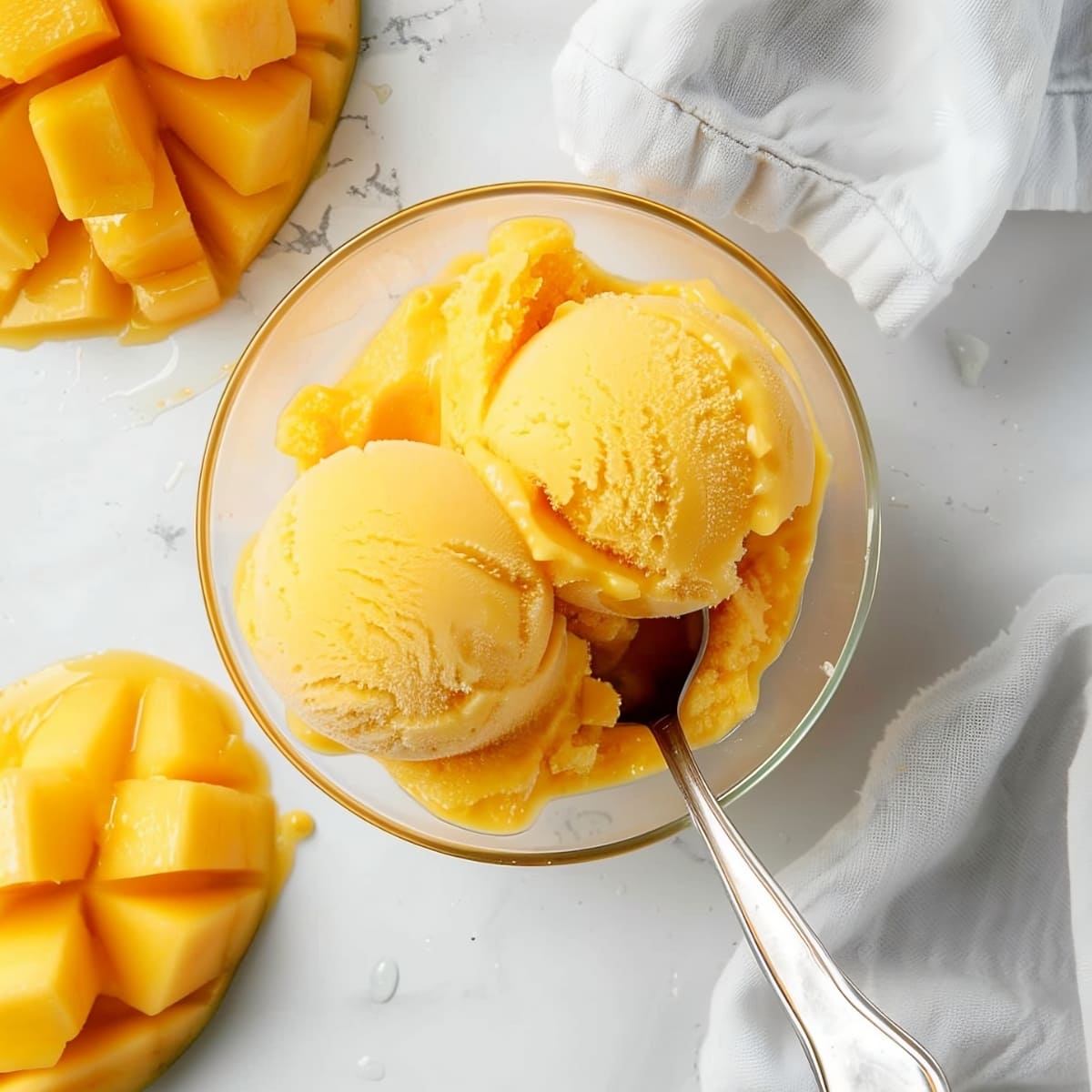 A delicious mango sorbet recipe with fresh mangoes, sugar, and lemon juice. Perfect for a refreshing summer treat.