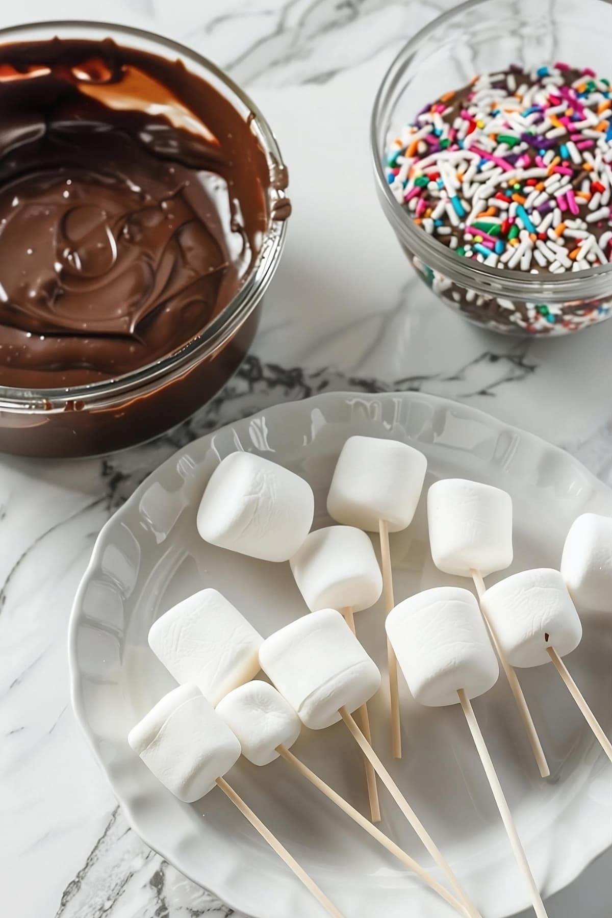 Marshmallows on stick, melted chocolate and sprinkles on glass bowls.