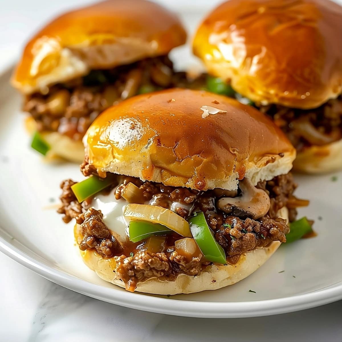 Philly Cheesesteak Sloppy Joes with ground beef, mushroom, onions and green bell pepper on a white plate.