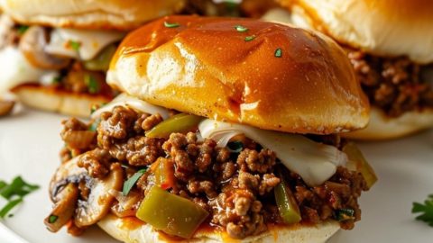 Philly Cheesesteak Sloppy Joes with melted cheese, ground beef, mushroom, onions and green bell pepper.