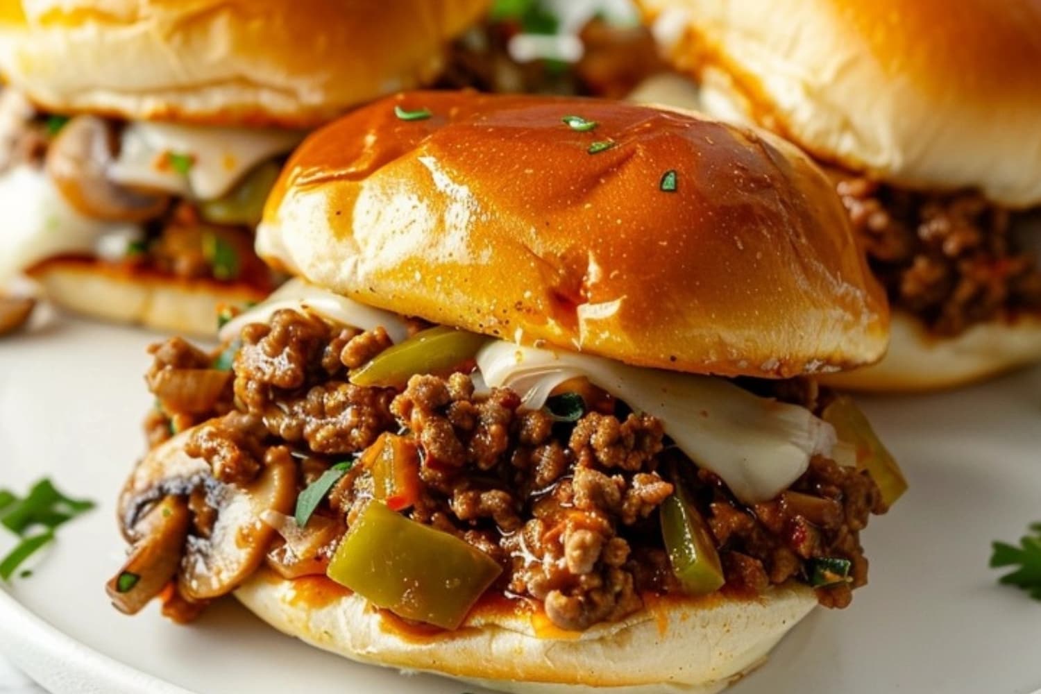 Philly Cheesesteak Sloppy Joes with melted cheese, ground beef, mushroom, onions and green bell pepper.