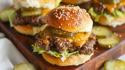 Meaty and savory homemade big mac sliders with ground beef, pickles, cheese and lettuce