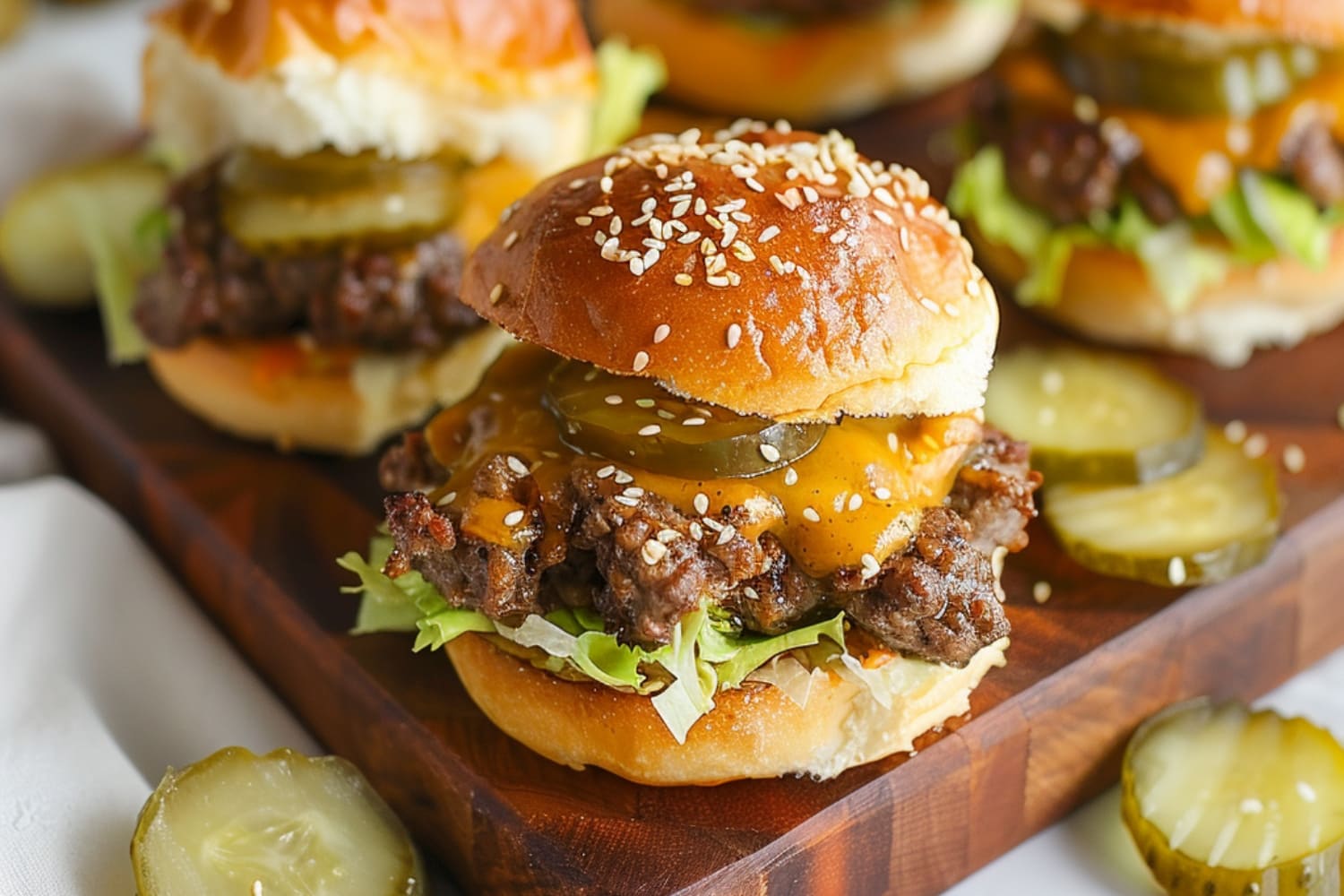 Meaty and savory homemade big mac sliders with ground beef, pickles, cheese and lettuce
