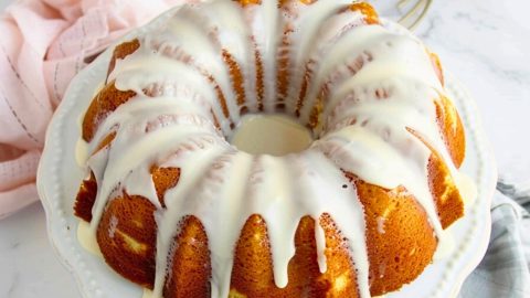 Million dollar pound cake with glaze on top.