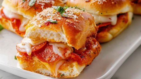 Mini pizza sliders with pepperoni, cheese and herbs in a platter