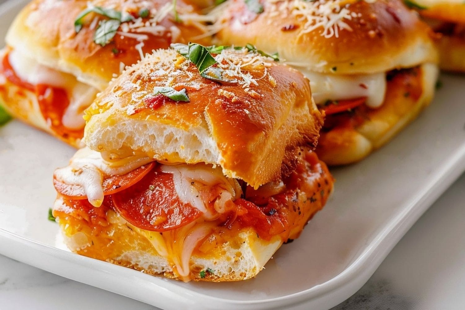 Mini pizza sliders with pepperoni, cheese and herbs in a platter