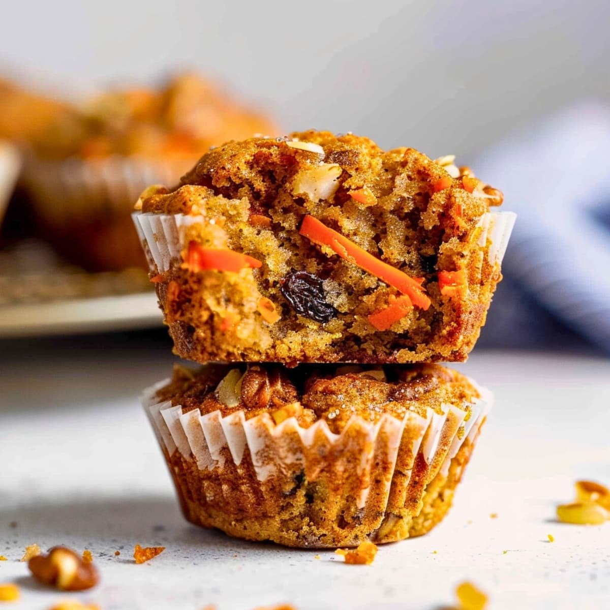 Muffins with carrots and raisins stack on top of each other.