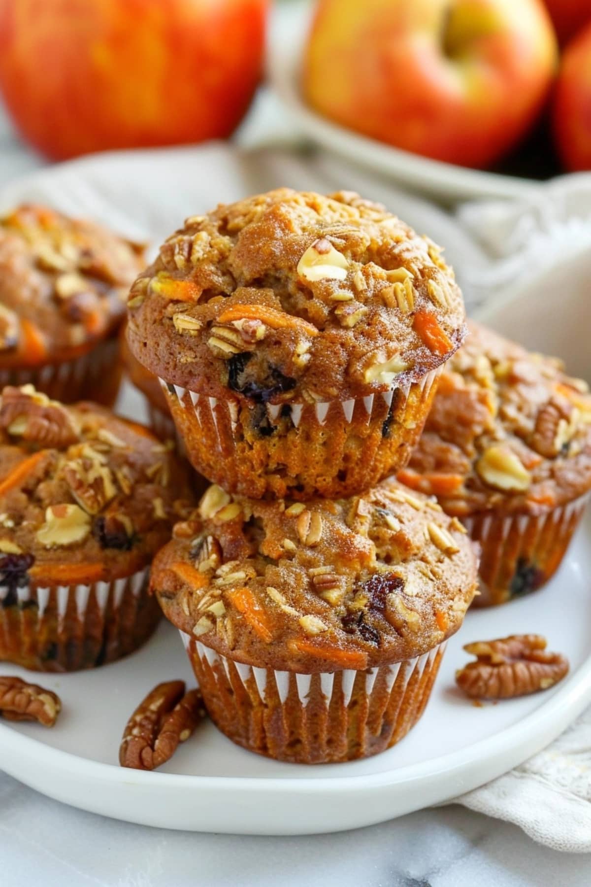 Stack of morning glory muffins with walnuts, raisins and carrots.
