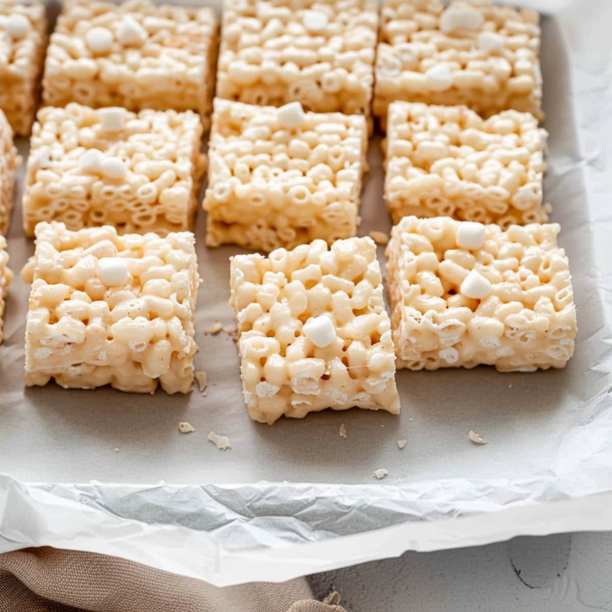 Crispy and chewy homemade rice krispy treats on a parchment paper