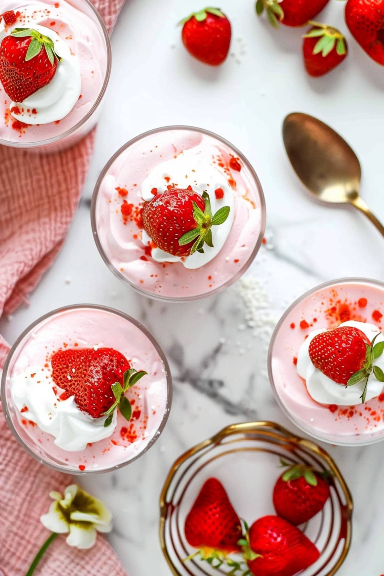 Homemade pink strawberry mousse in glasses with whipped cream
