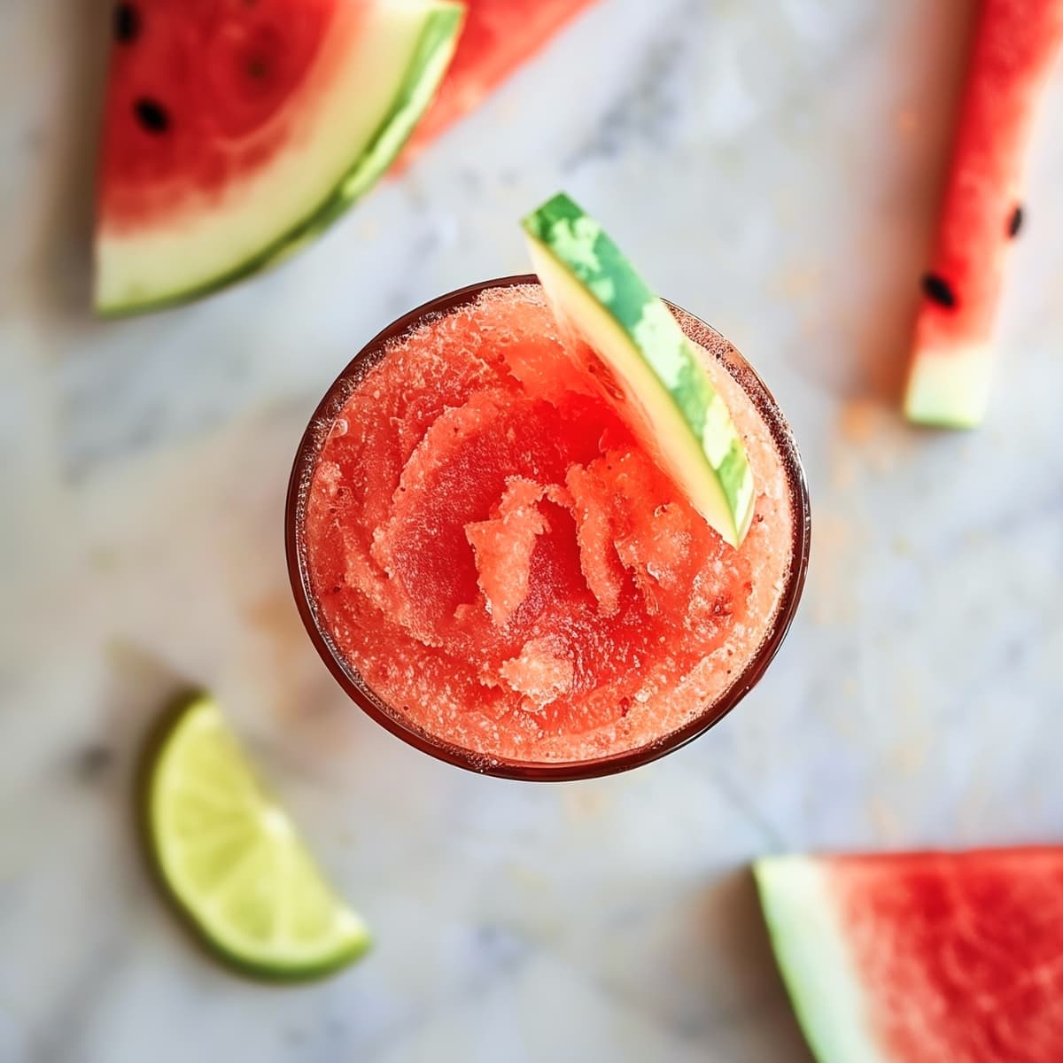 An overhead view of watermelon slushie with a slice of lime on a white marble table