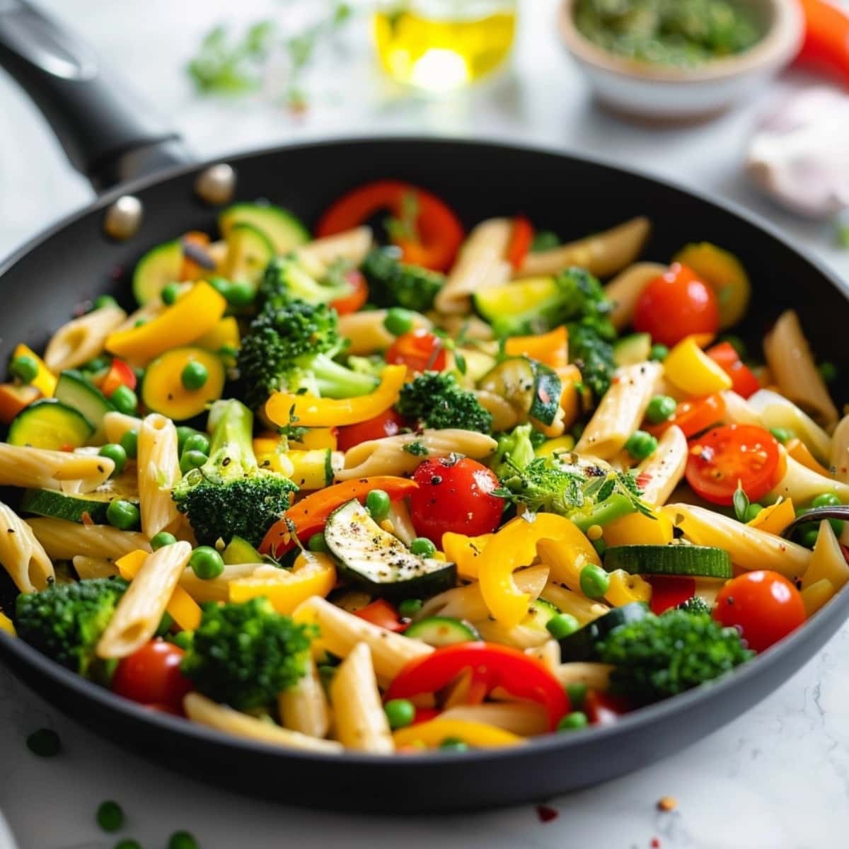 Pasta Primavera made in Penne pasta, Red bell pepper, Zucchini, Yellow squash, Broccoli florets, Cherry tomatoes, Frozen peas tossed in pan.
