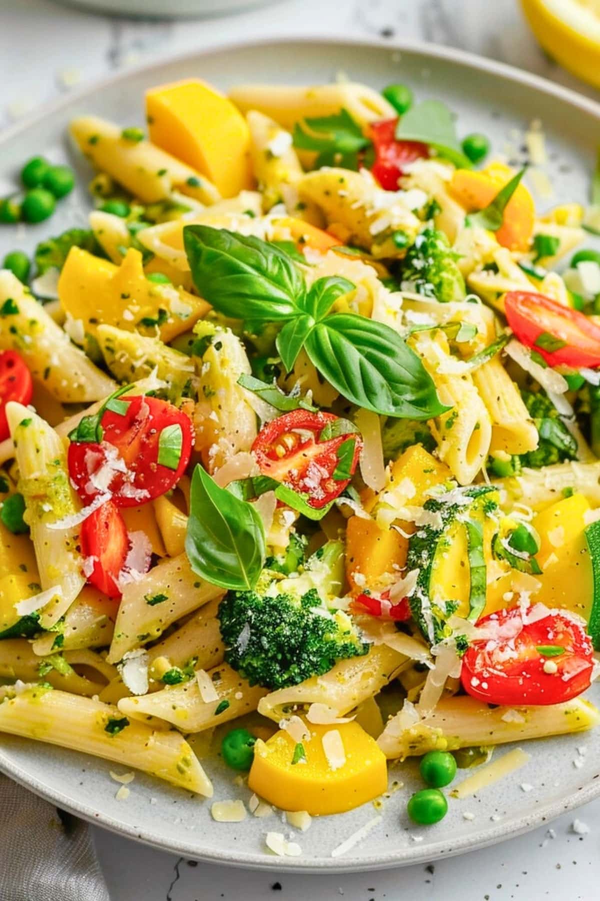Penne pasta with Red bell pepper, Zucchini, Yellow squash, Broccoli florets, Cherry tomatoes, Frozen peas served on plate.