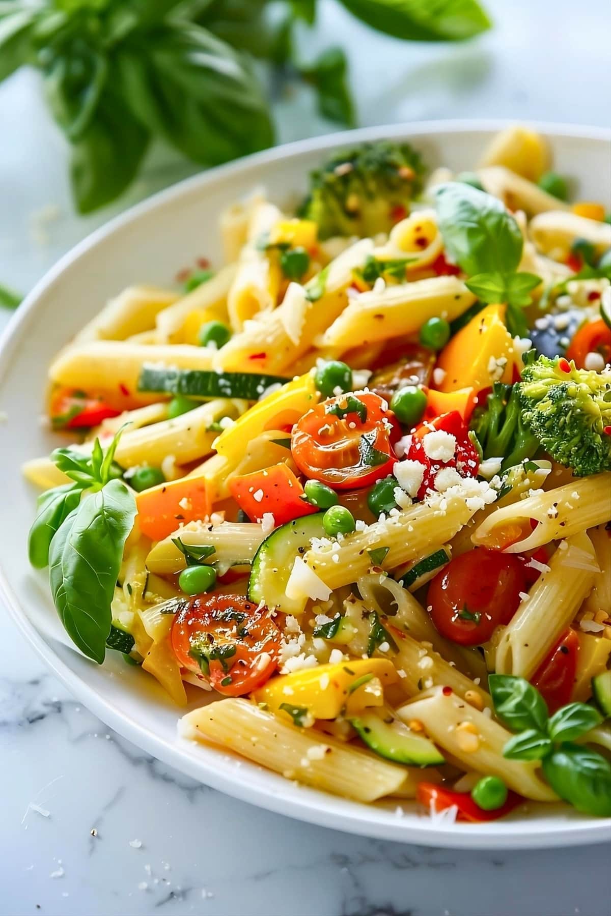 Serving of pasta primavera with Red bell pepper, Zucchini, Yellow squash, Broccoli florets, Cherry tomatoes, Frozen peas, Fresh basil, Parmesan cheese. on a white plate.