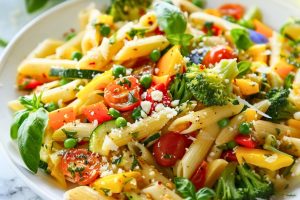 Pasta primavera served in a white plate garnished with parmesan cheese.