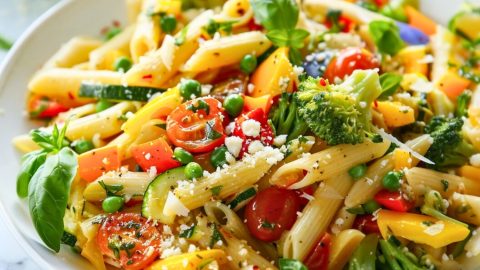 Pasta primavera served in a white plate garnished with parmesan cheese.