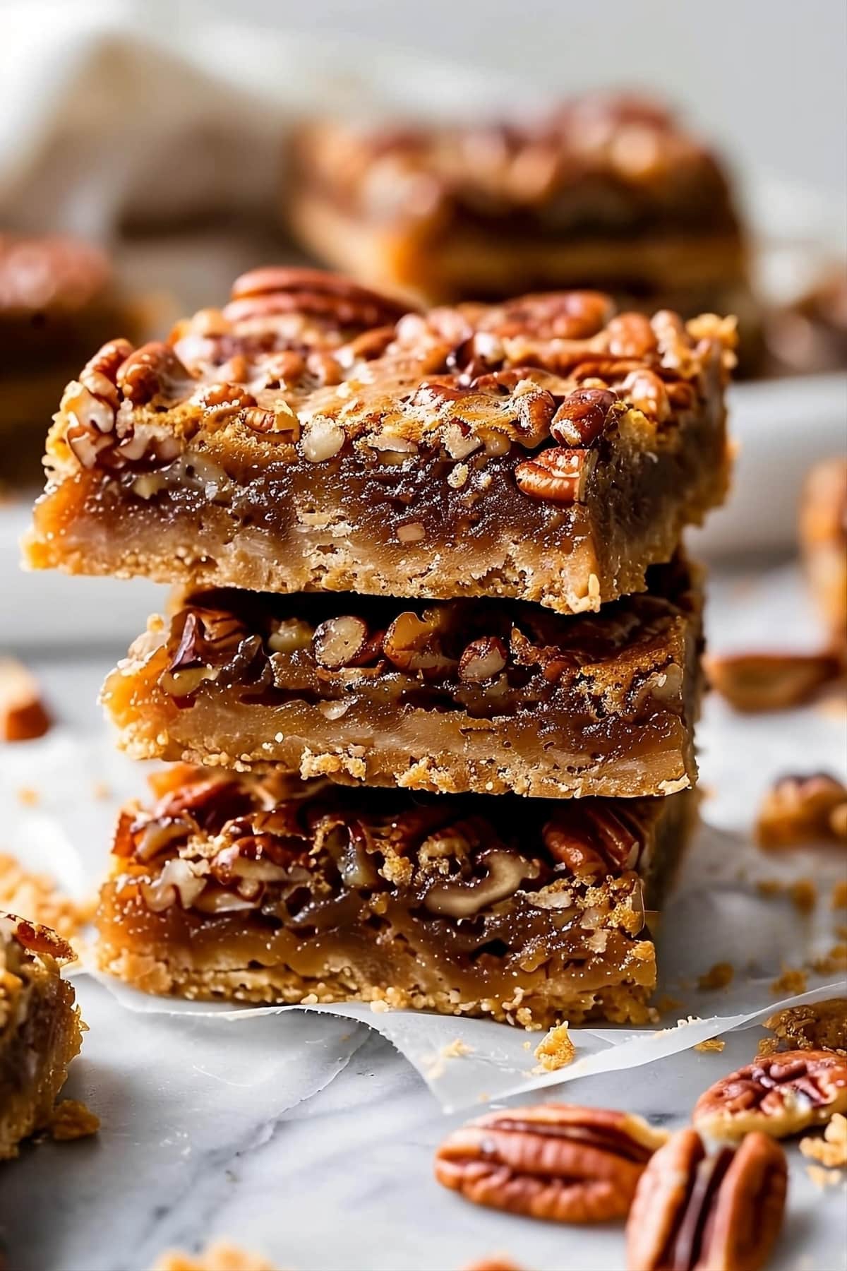 Stack of pecan bars laid on a parchment paper.